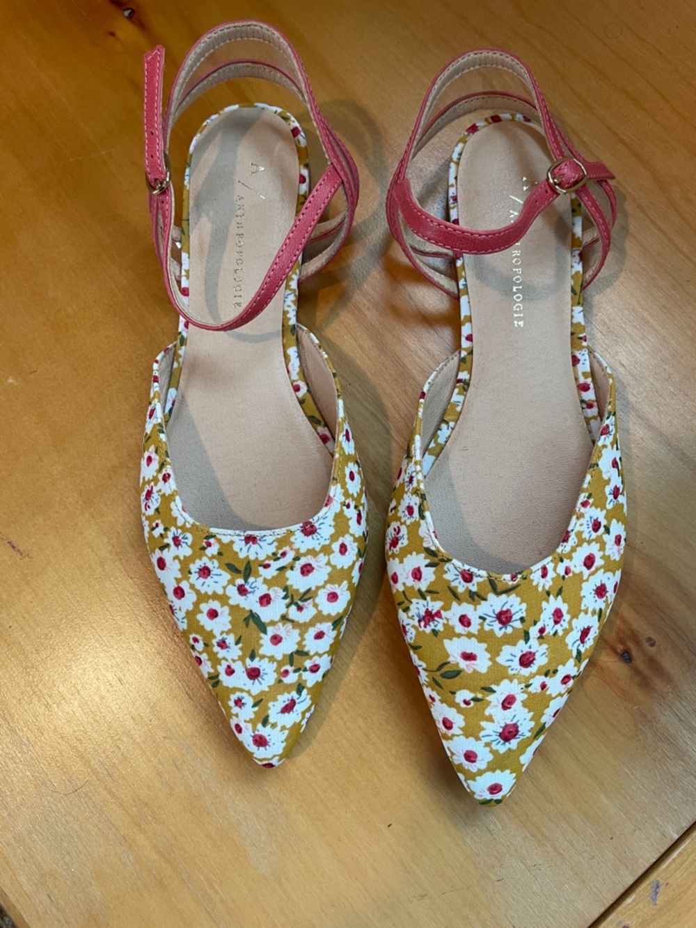 Never Worn Anthropologie Mustard Floral Pointed Flats with Pink Ankle Straps